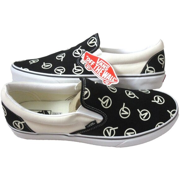Vans Men's Classic Slip On Circle V Black Marshmallow Canvas Shoes Sizes NIB - Picture 1 of 5